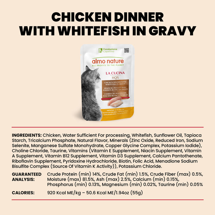 Almo Nature HQS La Cucina Chicken Dinner with Whitefish in Gravy Cat Food Pouch
