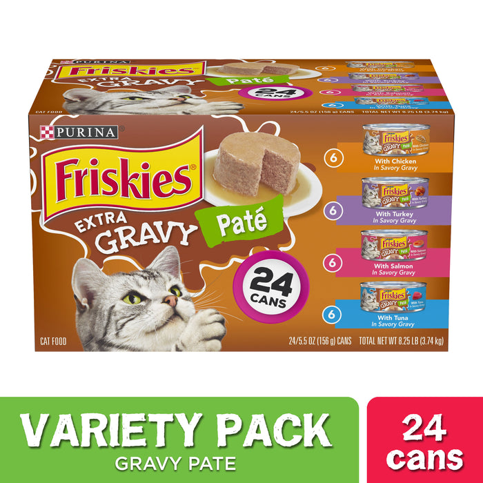 Purina Friskies Extra Gravy Pate Chicken Turkey Salmon and Tuna Wet Cat Food Variety Pack 24 x 5.5 oz