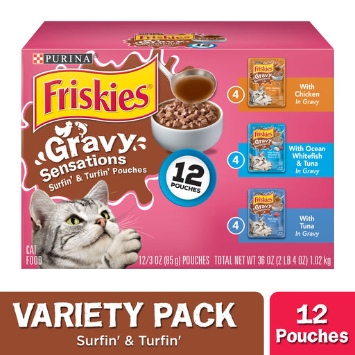 Friskies Gravy Sensations Surfin' & Turfin' Favorites Wet Cat Food Pouches, 3-oz Pouch, Case of 12