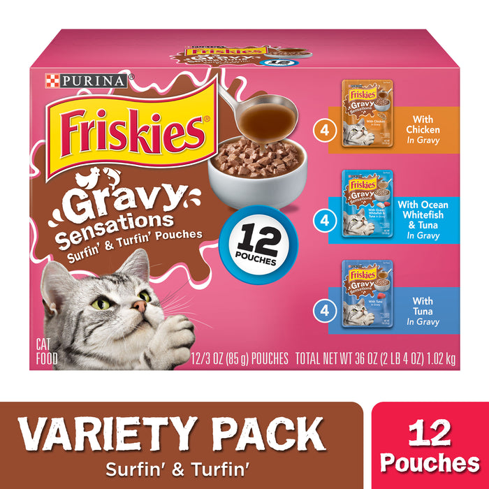 Friskies Gravy Sensations Surfin' & Turfin' Favorites Wet Cat Food Pouches, 3-oz Pouch, Case of 12