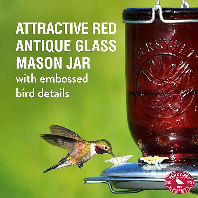 Perky-Pet Red Mason Jar Vintage Glass Hummingbird Feeder – 32 oz