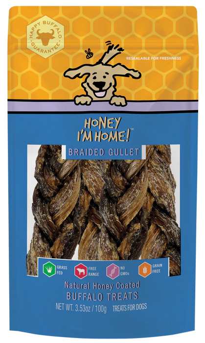 Honey I'm Home, Natural Honey Coated Buffalo Treats 6" Braided Gullet 3.53oz