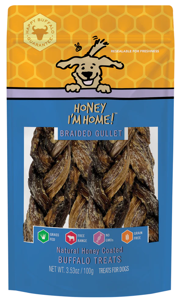 Honey I'm Home, Natural Honey Coated Buffalo Treats 6" Braided Gullet 3.53oz