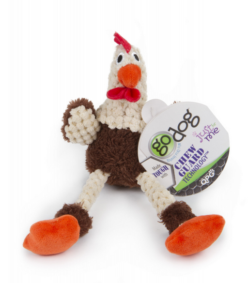 Go Dog Checkers Skinny Brown Rooster with Chew Guard Technology Durable Plush Squeaker Dog Toy Mini Just for Me