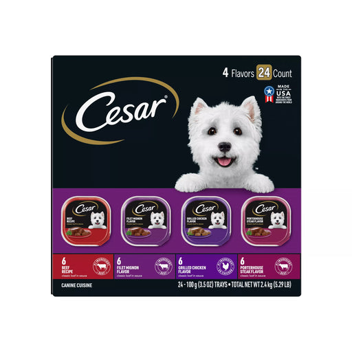 Cesar Classic Loaf in Sauce Beef Recipe, Filet Mignon, Grilled Chicken & Porterhouse Steak Flavors Variety Pack Grain-Free Small Breed Adult Wet Dog Food Trays, 3.5-oz, case of 24