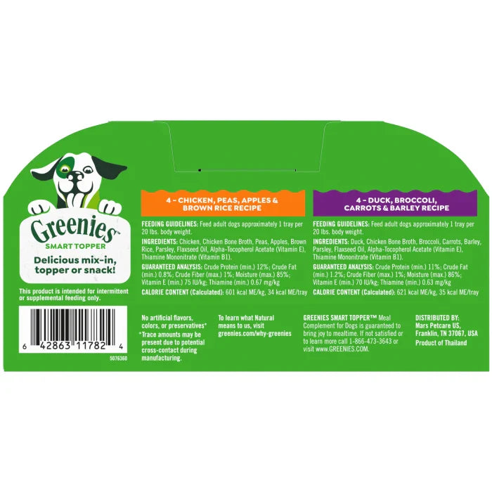 Greenies Smart Topper Wet Mix-In for Dogs, Chicken with Peas & Duck Variety Pack, 8 Trays of 2 oz.