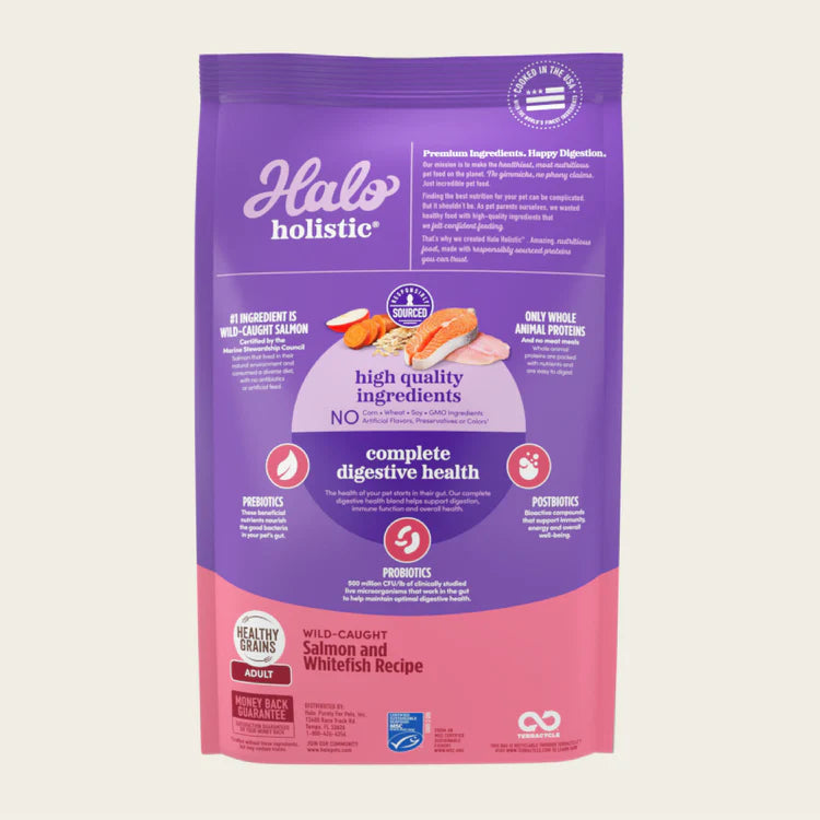 Halo Holistic Complete Digestive Health Wild-caught Salmon and Whitefish Dog Food Recipe Adult Dry Dog Food