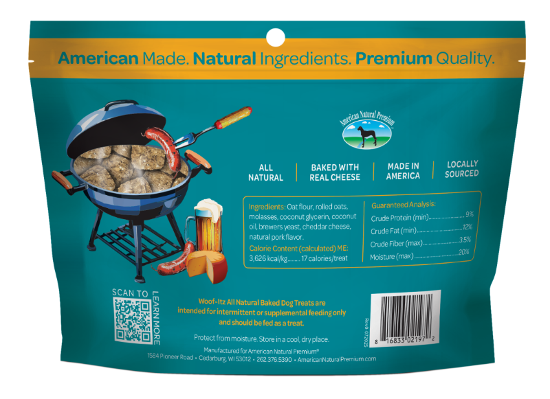 American Natural Premium Woof-Itz Cheesin’ Beer Brat 8oz