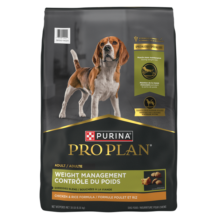 Purina Pro Plan Weight Management Shredded Blend Chicken & Rice Formula Dry Dog Food, 18 lb