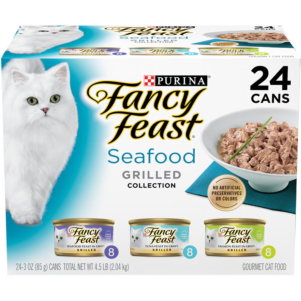 Fancy Feast Adult Grilled Seafood Feast Variety Pack in Gravy Wet Cat Food, 3-oz can, case of 30