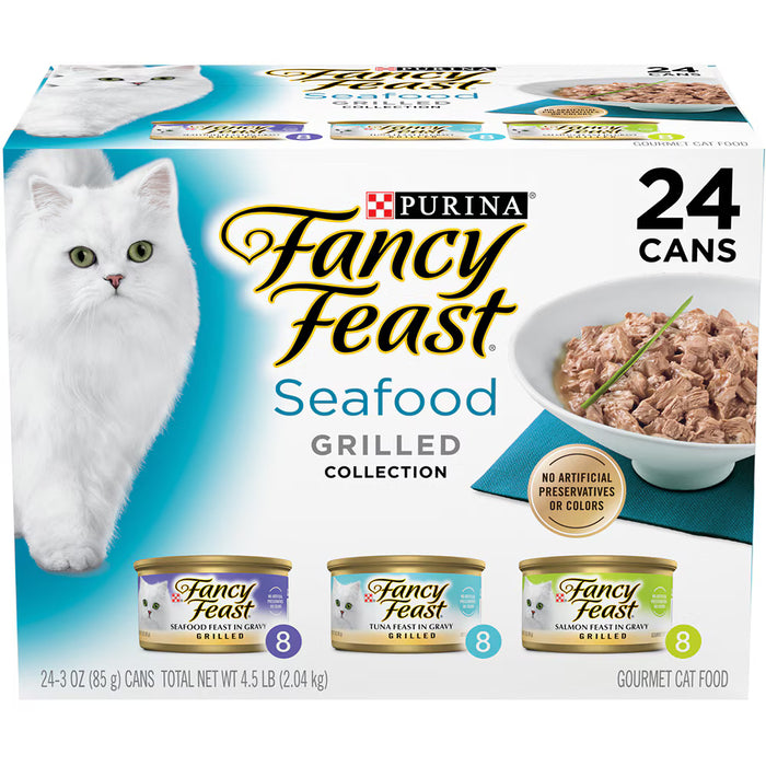 Fancy Feast Adult Grilled Seafood Feast Variety Pack in Gravy Wet Cat Food, 3-oz can, case of 30
