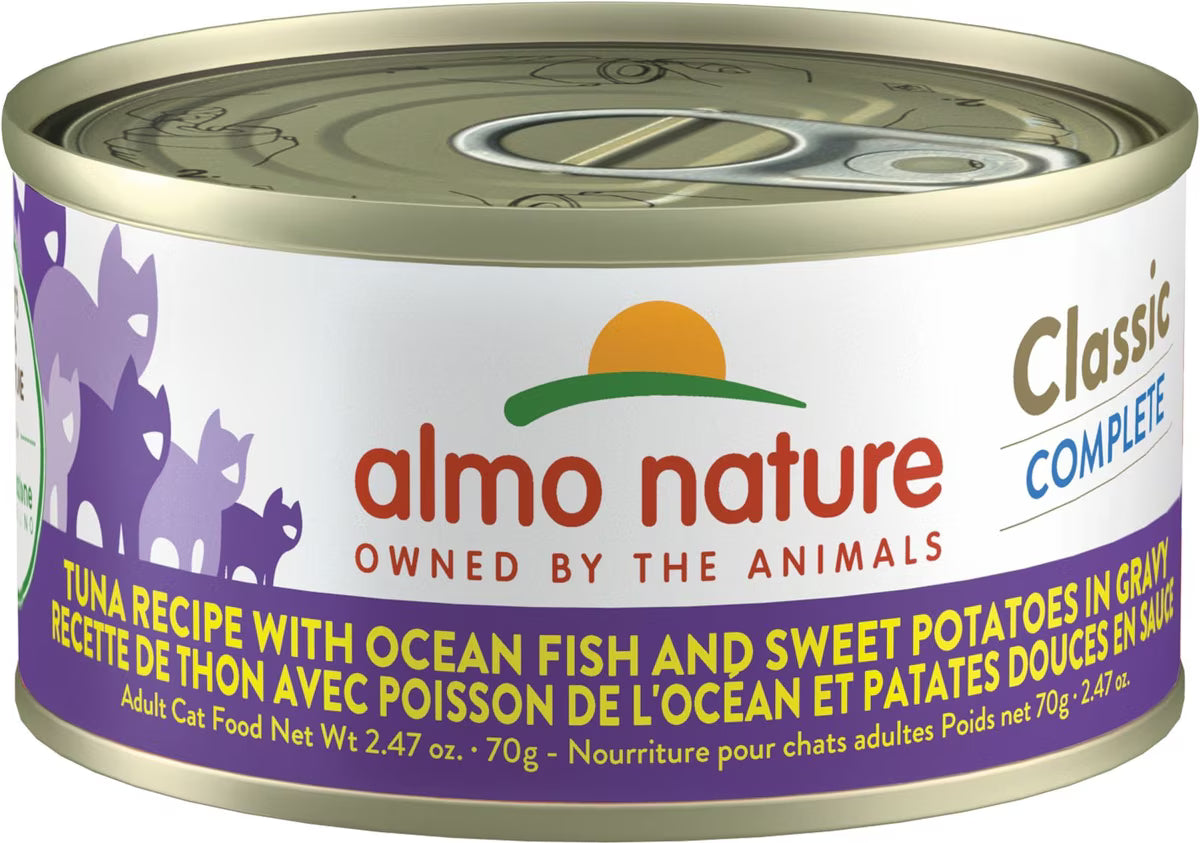 Almo Nature Classic Complete Tuna Recipe with Ocean Fish and Sweet Potato in Gravy Cat Food Can
