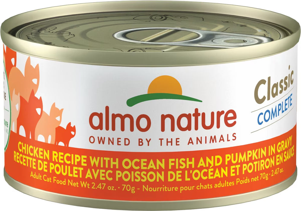 Almo Nature Classic Complete Chicken Recipe with Ocean Fish and Pumpkin in Gravy Cat Food Can