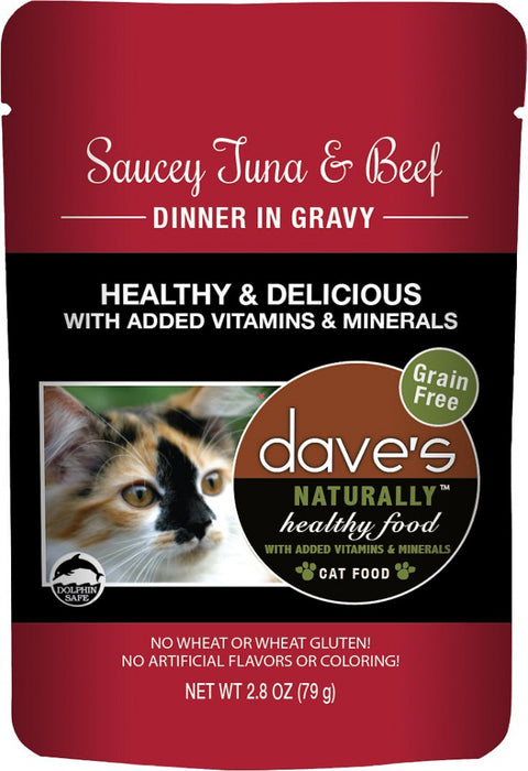 Dave's Naturally Healthy Sauccy Grain Free Tuna & Beef in Gravy Recipe Cat Food Pouch