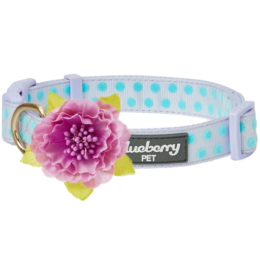 Blueberry Pet Polka Dot Flocking Adjustable Dog Collar, Pastel Purple with Detachable Velvety Flower