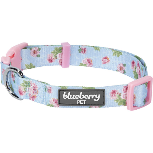 Blueberry Pet Spring Scent Inspired Rose Blossom Floral Print Pastel Blue Adjustable Collar for Puppies and Small Dogs