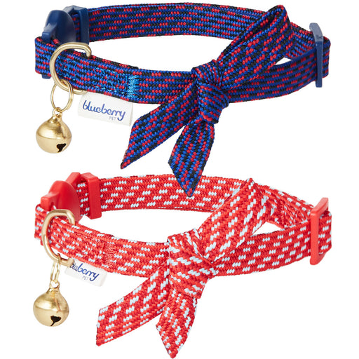 Blueberry Pet Sleek Handsome Diagonal Striped Adjustable Breakaway Cat Collar with Bowtie and Bell 2 Pack