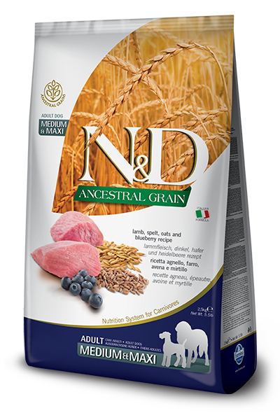 Farmina N&D Natural & Delicious Ancestral Grain Lamb & Blueberry Adult Medium & Maxi Dry Dog Food