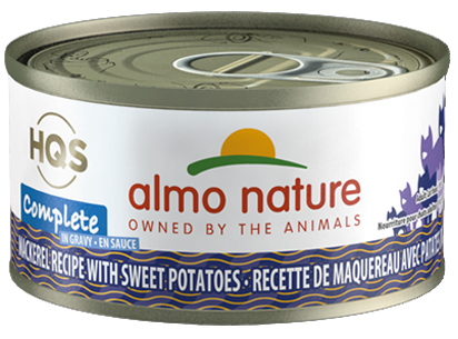 Almo Nature HQS Complete Mackerel Recipe With Sweet Potato In Gravy Canned Cat Food: 2.47- Oz Cans, Case of 24