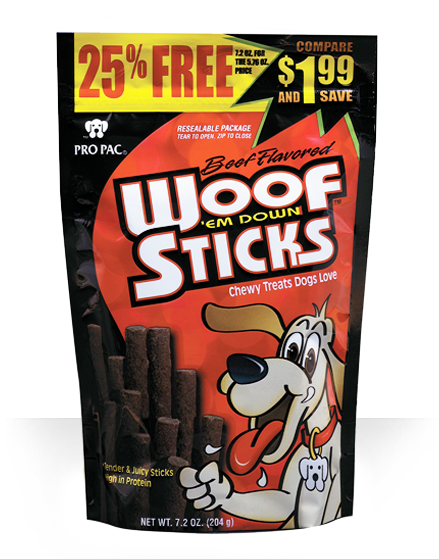 PRO PAC Beef Flavored Woof 'Em Down Sticks Dog Treats